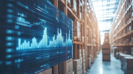 Poster - Digital screen displaying rising sales data and statistics, optimizing logistics and distribution within a modern warehouse, emphasizing technology's role in supply chain management
