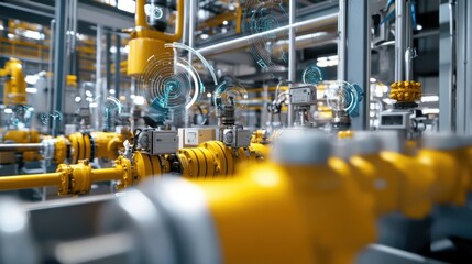 Poster - Modern industrial plant featuring yellow pipes, valves, and an augmented reality monitoring system enhancing operational efficiency and control