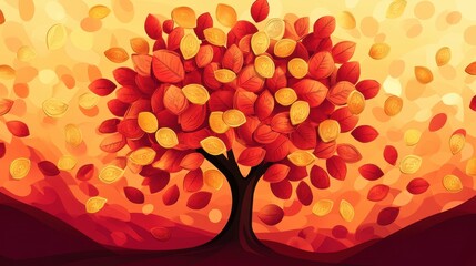 Aufkleber - Abstract Autumn Tree with Falling Leaves in Warm Colors