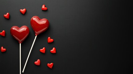 Poster - A bold Valentine's banner design with two red heart-shaped lollipops and scattered candy hearts on a sleek black background.