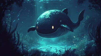 Wall Mural - A stylized whale swims in a dark underwater scene