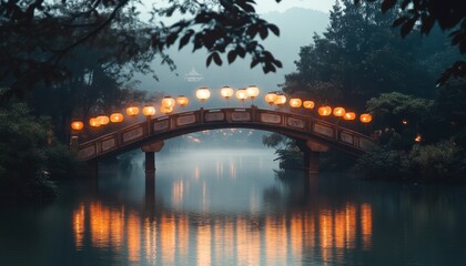 Wall Mural - enchanted bridge at dusk: a serene reflection in the mist