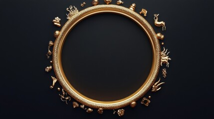 Poster - Gold Circular Frame with Zodiac Animal Symbols on Dark Background