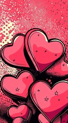 Wall Mural - Vibrant Pop Art Illustration of Overlapping Geometric Hearts in Pink with Bold Patterns. Copy space