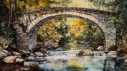 Poster - Stone Arch Bridge over a Calm River in a Lush Forest