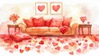 © Jafree - Watercolor Art of a Cozy Living Room with Heart Decor and Red Accents Evoking Love, Comfort, and Warmth
