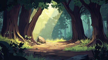 Wall Mural - Sunlit Forest Path Between Ancient Trees