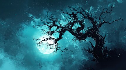 Wall Mural - Silhouetted Tree Branches Against a Night Sky and Moon