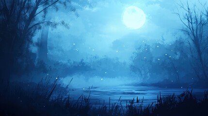 Wall Mural - Moonlit Night Scene Over Still Water And Trees
