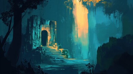 Wall Mural - Ancient Stone Gateway Leads Into A Mysterious Forest