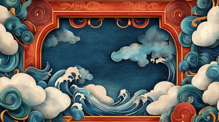 Poster - Serene Ocean Waves and Clouds within an Ornate Frame: An Artistic Illustration