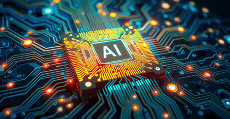 Poster - glowing AI chip is integrated into complex circuit board, showcasing advanced technology and innovation in artificial intelligence. intricate design highlights future of computing