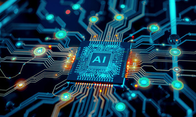 Poster - glowing AI chip circuit board, showcasing intricate connections and futuristic technology. vibrant blue and orange colors highlight complexity and innovation artificial intelligence hardware