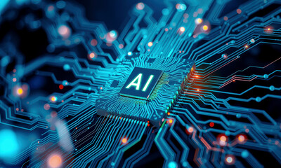 Poster - close up of glowing AI chip on circuit board, showcasing intricate blue circuitry and digital connections, symbolizing advanced technology and artificial intelligence