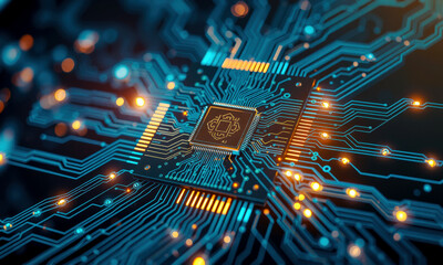 Poster - glowing AI chip processor with intricate circuit lines and illuminated nodes, showcasing advanced technology and innovation in futuristic design