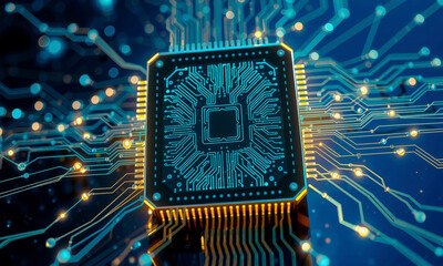 Poster - glowing microchip with intricate circuitry is depicted, highlighting complexity and innovation in modern technology. vibrant blue and gold colors emphasize advanced design of AI chip processor