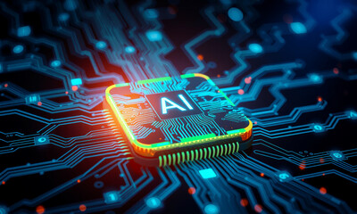 Poster - glowing AI chip on vibrant circuit board, symbolizing advanced technology and innovation in artificial intelligence. intricate design highlights complexity and power of modern processors