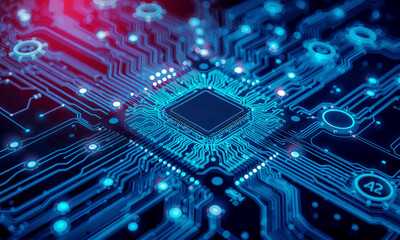 Poster - close up view of glowing blue circuit board with central microchip, showcasing intricate electronic pathways and components, illuminated by red and blue lights
