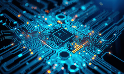 Poster - glowing circuit board with AI chip at center, showcasing intricate electronic pathways and vibrant blue and orange lights, representing advanced technology and innovation