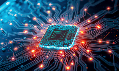 Poster - glowing microchip is at center of complex network of circuits, symbolizing advanced technology and connectivity. vibrant lights and intricate design highlight innovation in electronic engineering