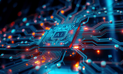 Poster - glowing AI chip on circuit board, surrounded by intricate pathways and vibrant lights, symbolizes advanced technology and innovation in artificial intelligence processing