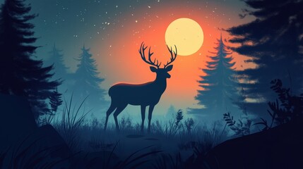 Wall Mural - Majestic Deer Silhouette Underneath a Night Sky