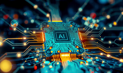 Poster - AI chip with glowing circuits, symbolizing advanced technology and innovation in artificial intelligence, surrounded by intricate electronic pathways