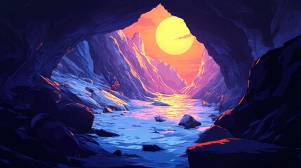 Wall Mural - Cave Opening Reveals Sunset Mountain River Scene