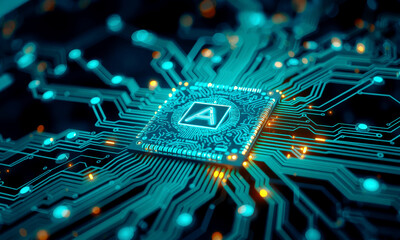Poster - glowing AI chip processor on circuit board, showcasing intricate electronic pathways and vibrant blue and orange lights, symbolizing advanced technology and innovation