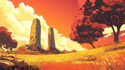 Wall Mural - Ancient Stone Pillars Sunset Landscape Scenic View