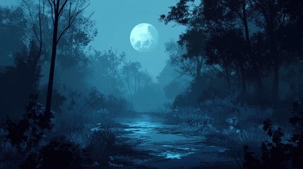 Wall Mural - Moonlit Forest Stream Night Scene Tranquil Nature