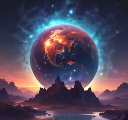 Illustration of outer planet with starry galaxy.