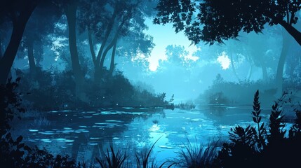 Wall Mural - Serene Twilight Pond Enveloped by a Mystical Forest
