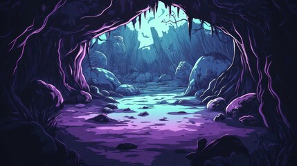 Wall Mural - Cave Entrance Reveals Purple Rocks and Serene Valley