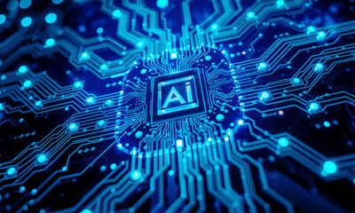 Poster - glowing blue circuit board with AI chip center, symbolizing advanced technology and innovation artificial intelligence. intricate design highlights complexity and connectivity of modern processors