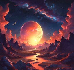 Illustration of outer planet with starry galaxy.