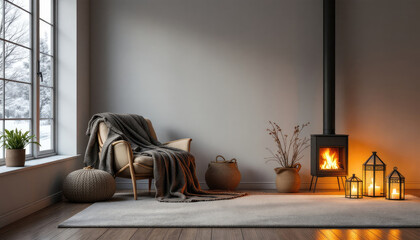 Wall Mural - Cozy japandi living room with a fireplace, a chair, and a rug.