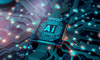 Poster - glowing AI chip on circuit board, showcasing advanced technology and innovation in artificial intelligence. intricate design highlights complexity and potential of modern computing systems