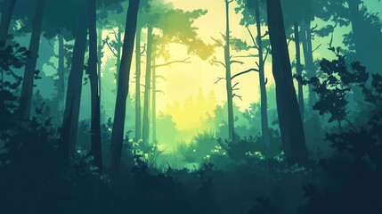 Wall Mural - Serene Sunlight Through a Misty Green Forest