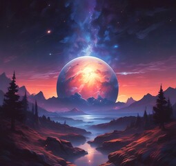 Illustration of outer planet with starry galaxy.