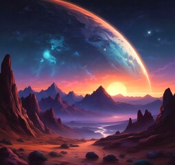 Illustration of outer planet with starry galaxy.