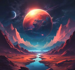Illustration of outer planet with starry galaxy.