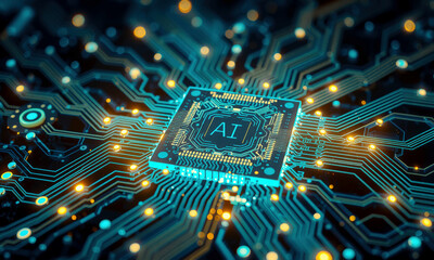 Poster - glowing AI chip on circuit board, showcasing advanced technology and innovation. intricate design highlights complexity and power of modern computing systems