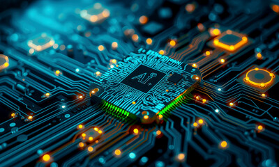 Poster - glowing AI chip on circuit board, showcasing intricate pathways and vibrant colors, represents advanced technology and innovation in artificial intelligence