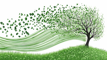 Wall Mural - green tree, windy grass, nature, spring, isolated.