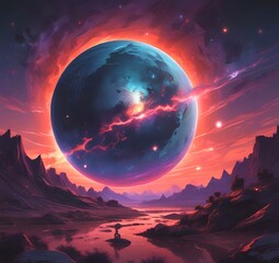 Illustration of outer planet with starry galaxy.