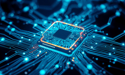 Poster - glowing microchip on blue circuit board represents advanced technology and innovation in computing. intricate design highlights complexity and precision of modern electronics