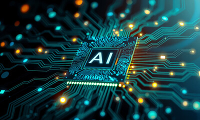 Poster - glowing AI chip on circuit board, symbolizing advanced technology and innovation in artificial intelligence. intricate design highlights complexity and connectivity of modern processors