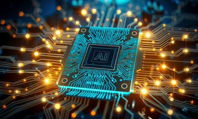 Poster - glowing AI chip processor is at center of complex circuit board, illuminated by vibrant lights, symbolizing advanced technology and innovation in artificial intelligence