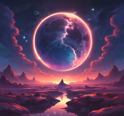 Illustration of outer planet with starry galaxy.